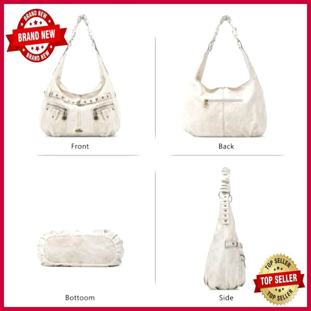 Large Vegan Leather Hobo Shoulder Bag with Studs and Multiple Pockets